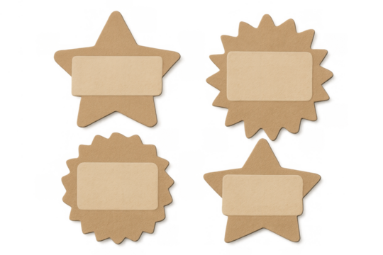 Kraft paper labels and badges offering space for text, price tags, or messages on transparent background