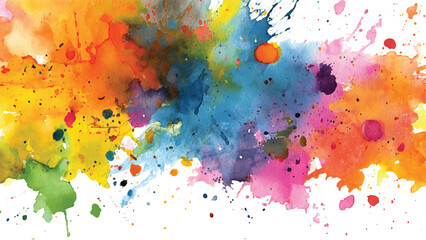 Vibrant abstract watercolor paint splatters and splashes in yellow orange blue pink purple and green on white background