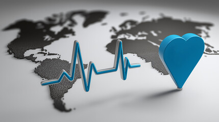 3D illustration of an electrocardiogram (ECG) line with a travel pin symbol on a grey world map background, presenting health services available to travelers using the airline.