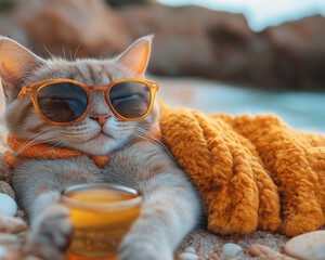 A cute British Shorthair cat wearing sunglasses and a blanket is relaxing by the sea.