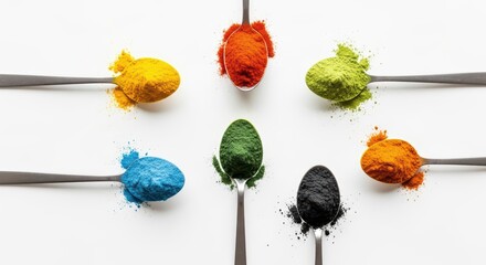 Colorful culinary powders arranged in artistic spoon display on white surface