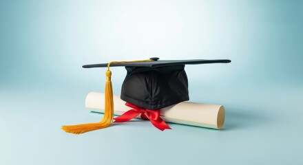 Graduation cap on diploma with red ribbon on light blue background