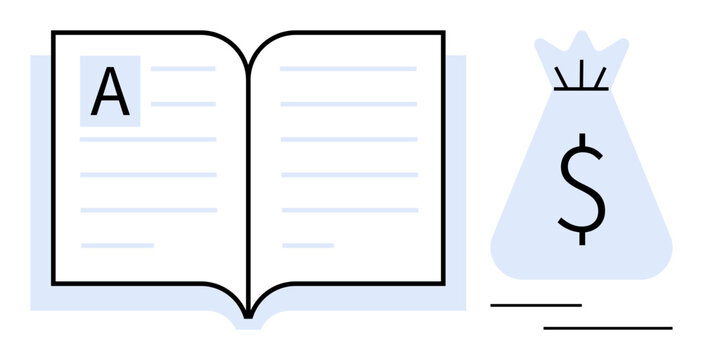 Open book with text paired with a money bag symbol featuring a dollar sign, symbolizing financial literacy and education. Ideal for finance, education, budgeting, investing, savings, teaching