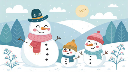 Whimsical Snowman Trio in Festive Winter Landscape with Sleepy Sun, Stylized Trees, and Falling Snow
