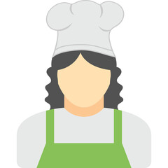 Chef wearing a white toque blanche and green apron with wavy dark hair and a fair complexion in a flat illustration style with a transparent background