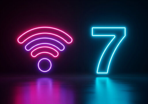 Neon Wi-Fi 7 symbol glowing against a dark background for wireless technology