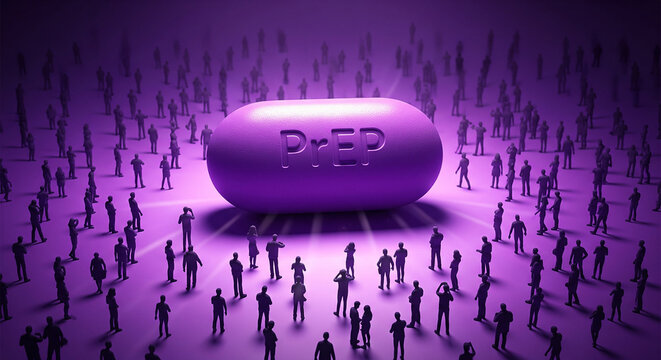 A large purple pill labeled PrEP is surrounded by a crowd of people, symbolizing HIV prevention and awareness