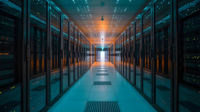 Illuminated server room hallway with rows of server racks and a bright light at the end of the hall