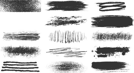 Collection of twelve black ink brush stroke textures and abstract graphic elements on white background