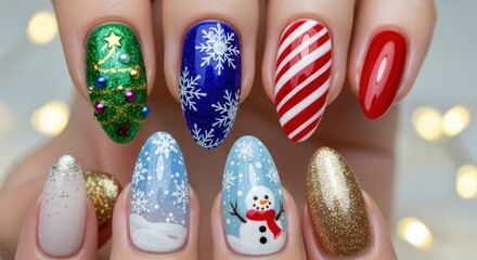 Festive Christmas Nail Art - Glittering Tree, Snowflakes, Candy Cane Stripes, and Snowman Designs.