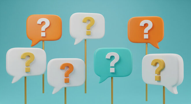 Colorful speech bubbles with question marks on sticks against a blue background, symbolizing curiosity and inquiries.