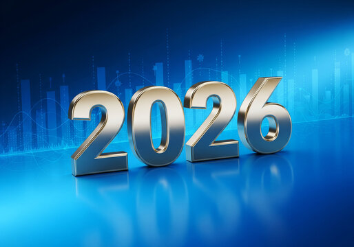 This image features the year 2026 in silver numerals against a backdrop of financial charts and graphs