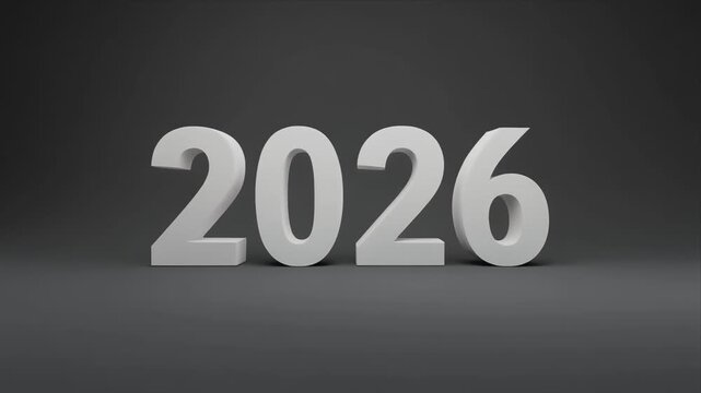 The year two thousand and twenty-six displayed as stark white three dimensional numbers against a dark gray background suggesting a future milestone or event