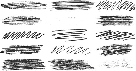 Collection of twelve black hand drawn scribbled brush stroke textures on white background abstract artistic