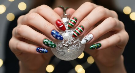 Festive Christmas Nails Holding Ornament - Holiday Manicure with Bokeh Lights.