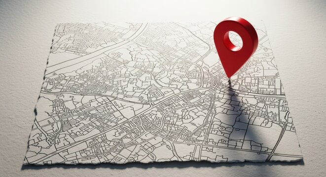 Red location pin on detailed city map with streets and buildings highlighted