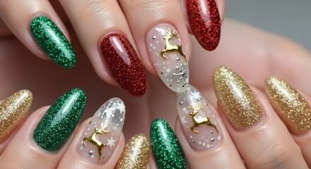 Festive Glittering Christmas Nails with Reindeer Charms and Sparkle.