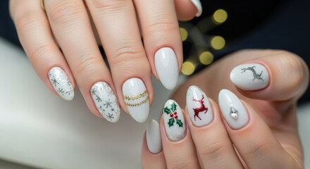 Close-up of Elegant White Christmas Nails with Reindeer, Holly, and Silver Accents.