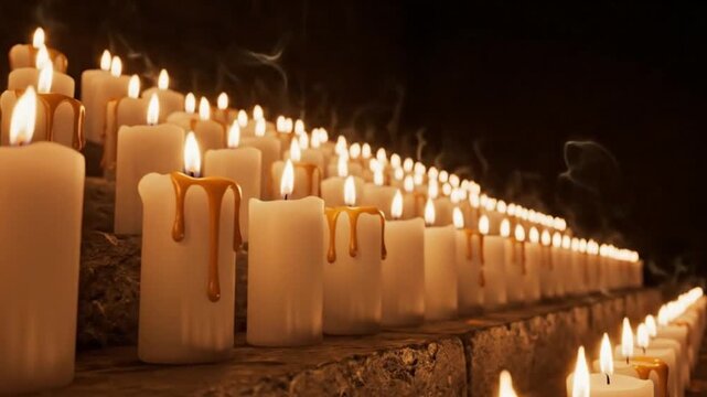 Symmetrical Rows of Glowing Candle Flames in Quiet Dark Stone Setting