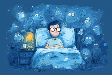 man sitting in bed surrounded by dream creatures