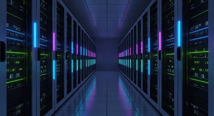Futuristic data center with neon lights and modern server racks in symmetrical hallway