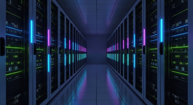 Futuristic data center with neon lights and modern server racks in symmetrical hallway