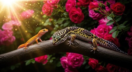 Two geckos, one small orange and one large spotted, rest on a branch with vibrant pink roses and sunlight