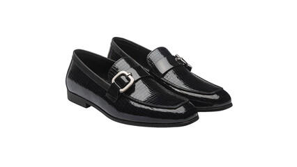 Modern black leather loafers with silver buckle, perfect for professional style and sleek fashion, add sophisticated flair to your wardrobe collection Isolated on white or transparent PNG.