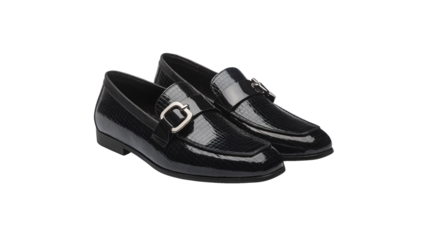 Modern black leather loafers with silver buckle, perfect for professional style and sleek fashion, add sophisticated flair to your wardrobe collection Isolated on white or transparent PNG.