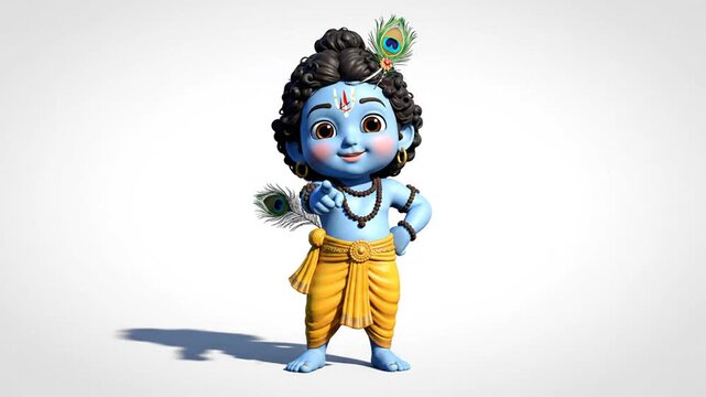 Animated depiction of a playful blue-skinned deity figure with peacock feather