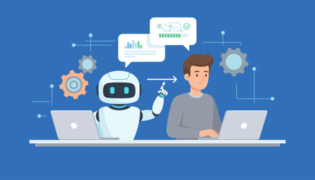 Artificial Intelligence robot assisting a person with work on laptops, concept illustration