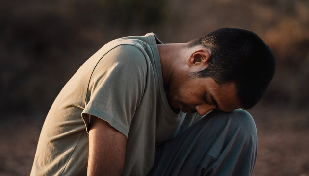 Man with head bowed in contemplation outdoors.