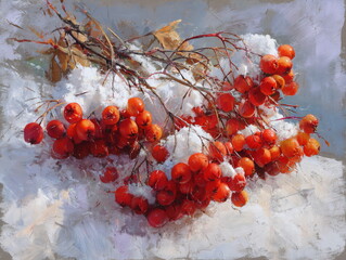 A bunch of mountain ash dusted with snow. On a white background.