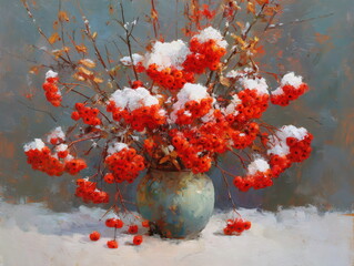 A bunch of mountain ash dusted with snow. On a white background.