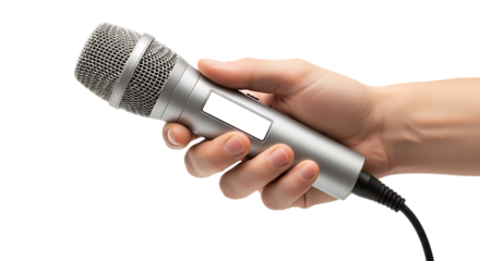 Hand holding professional silver wired microphone for audio input