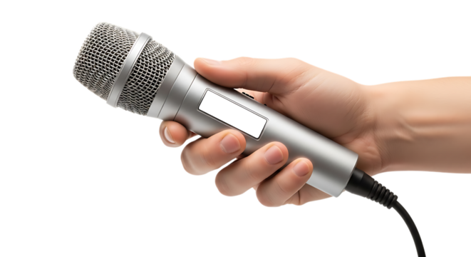 Hand holding professional silver wired microphone for audio input