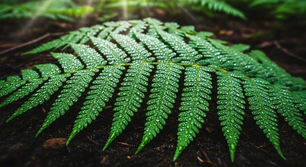 Close up of fern frond with water droplets in natural light