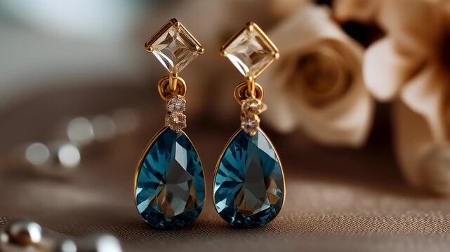 Elegant Blue Gemstone Earrings with Gold Accents and Sparkling Detail