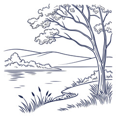Hand drawn landscape with tree, lake, and mountains isolated on
