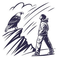 Man and eagle on mountain peak isolated on illustration