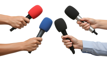 Hands holding various microphones for a news broadcast or interview