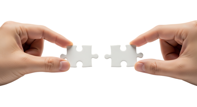 Hands connecting two white puzzle pieces, problem-solving concept