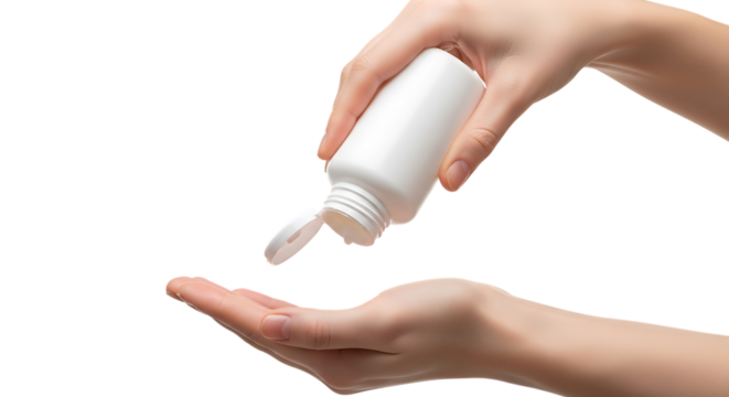 Hand pouring white pills from bottle into palm for daily dosage