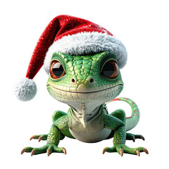 Adorable baby reptile character wearing a festive holiday cap, clipart, isolated on a transparent background.