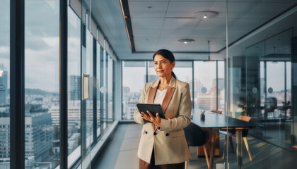 Executive CEO by city window in modern corporate office — base look