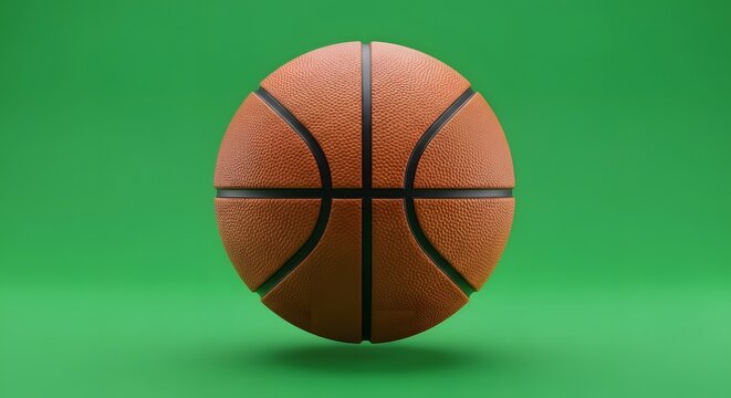 A classic orange basketball with black lines placed on a vibrant green background, highlighting sports equipment used in basketball games and training sessions