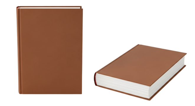 Two brown hardcover books, one standing, one lying flat. study.
