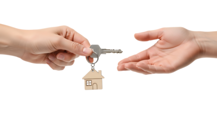 Handover of new home keys; real estate property transfer concept