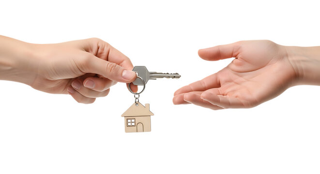 Handover of new home keys; real estate property transfer concept