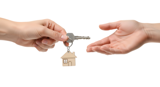 Handover of new home keys; real estate property transfer concept